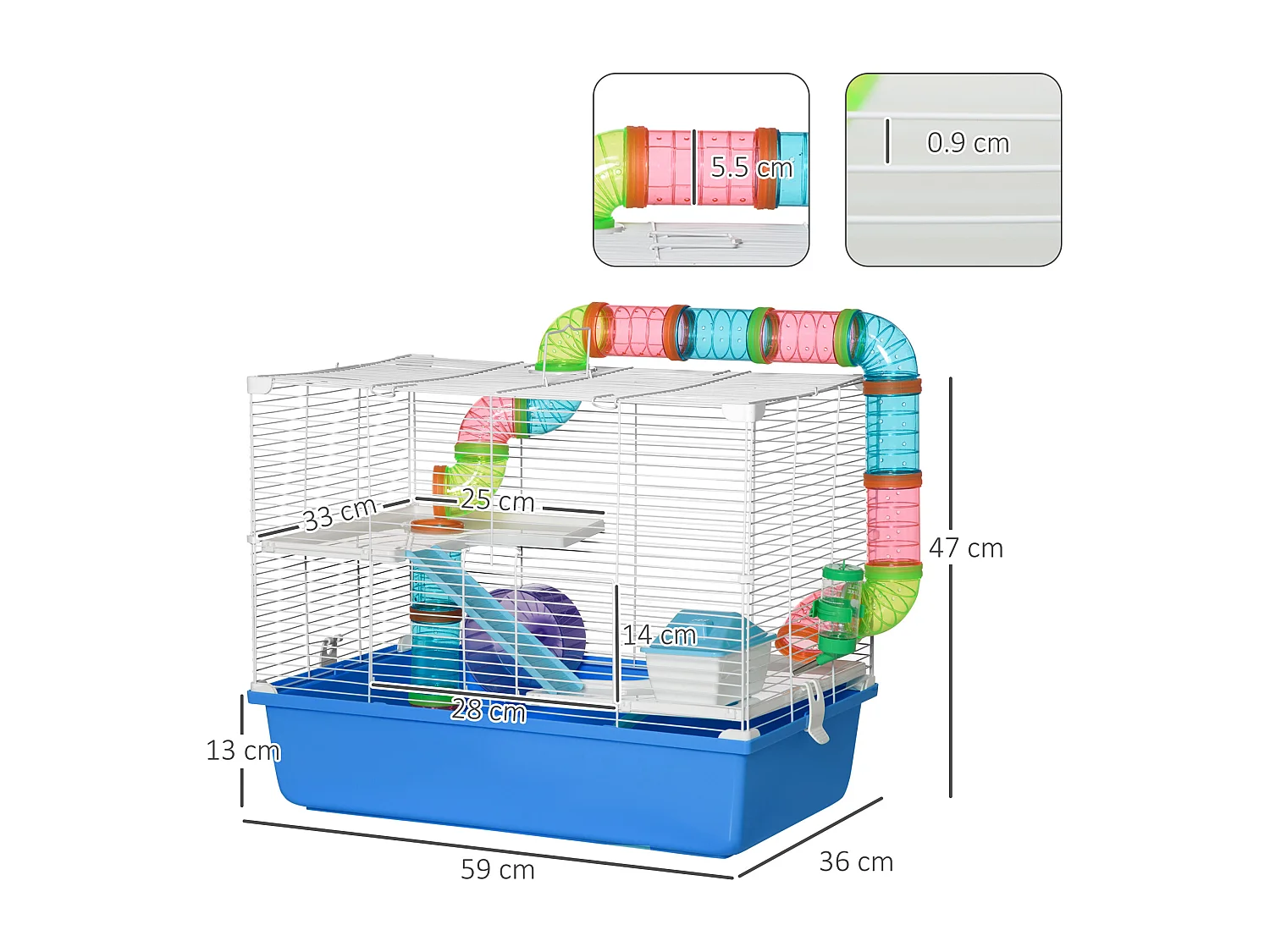 Gabbia per criceti 3 livelli con tubi casetta e ruota blu e bianco