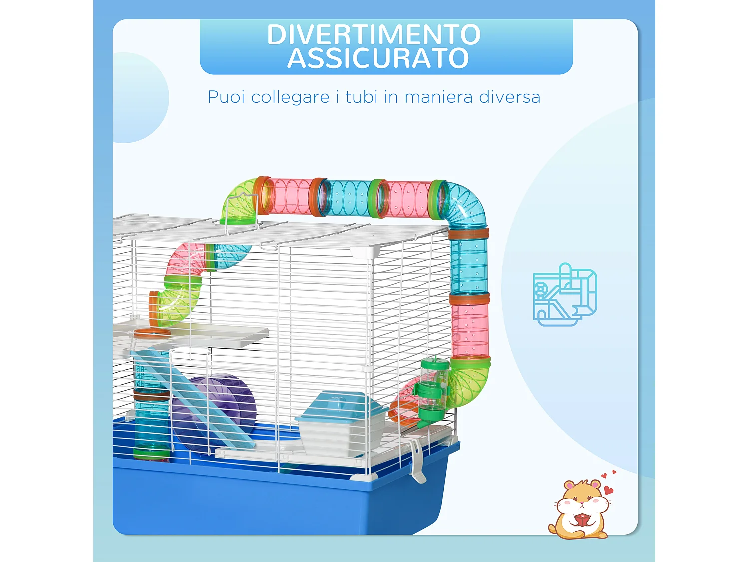 Gabbia per criceti 3 livelli con tubi casetta e ruota blu e bianco