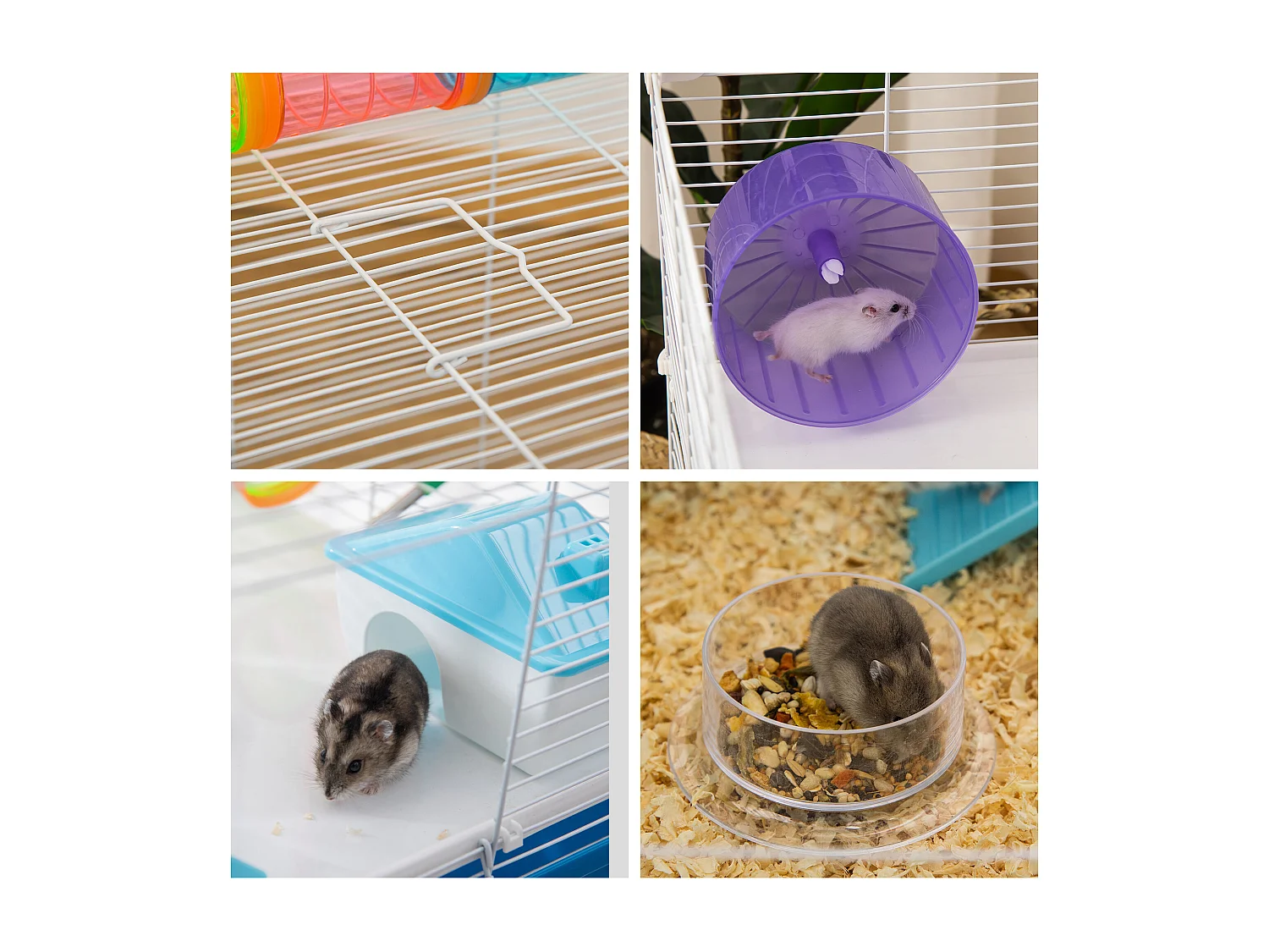 Gabbia per criceti 3 livelli con tubi casetta e ruota blu e bianco