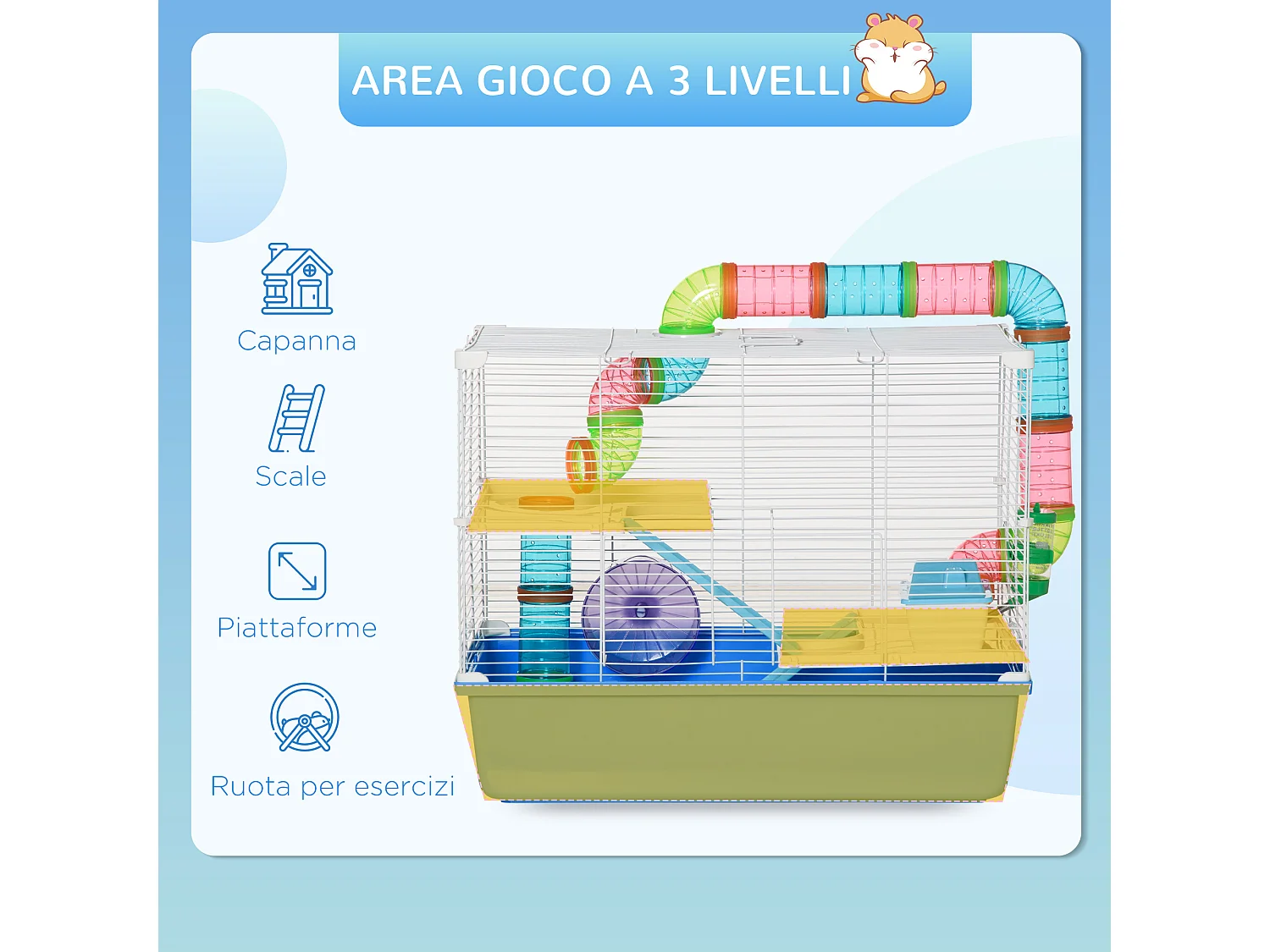 Gabbia per criceti 3 livelli con tubi casetta e ruota blu e bianco