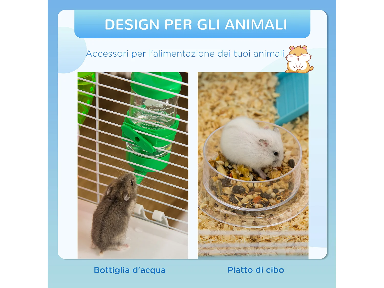 Gabbia per criceti 3 livelli con tubi casetta e ruota blu e bianco