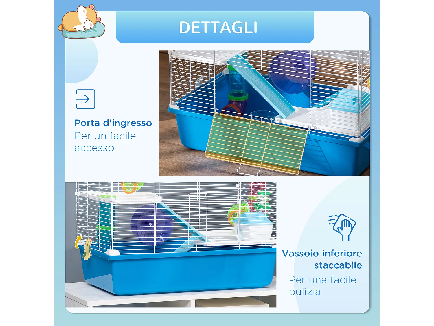 Gabbia per criceti 3 livelli con tubi casetta e ruota blu e bianco