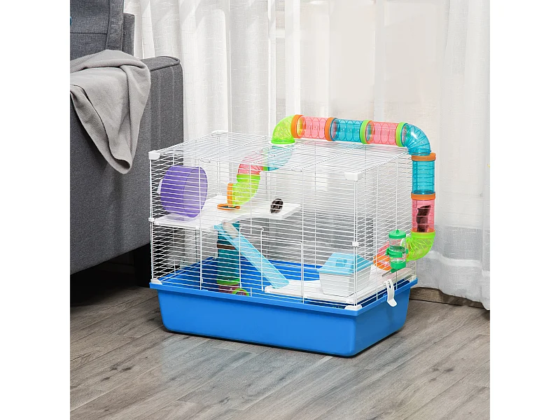 Gabbia per criceti 3 livelli con tubi casetta e ruota blu e bianco