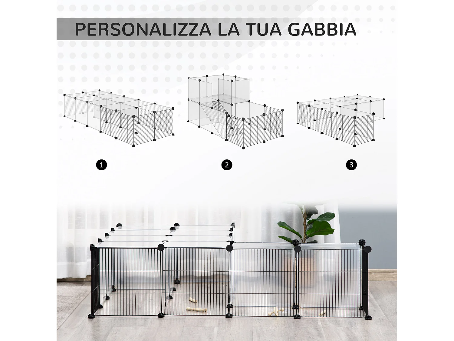 Recinto per animali modulabile con pannelli 35x35 cm in acciaio e pp nero