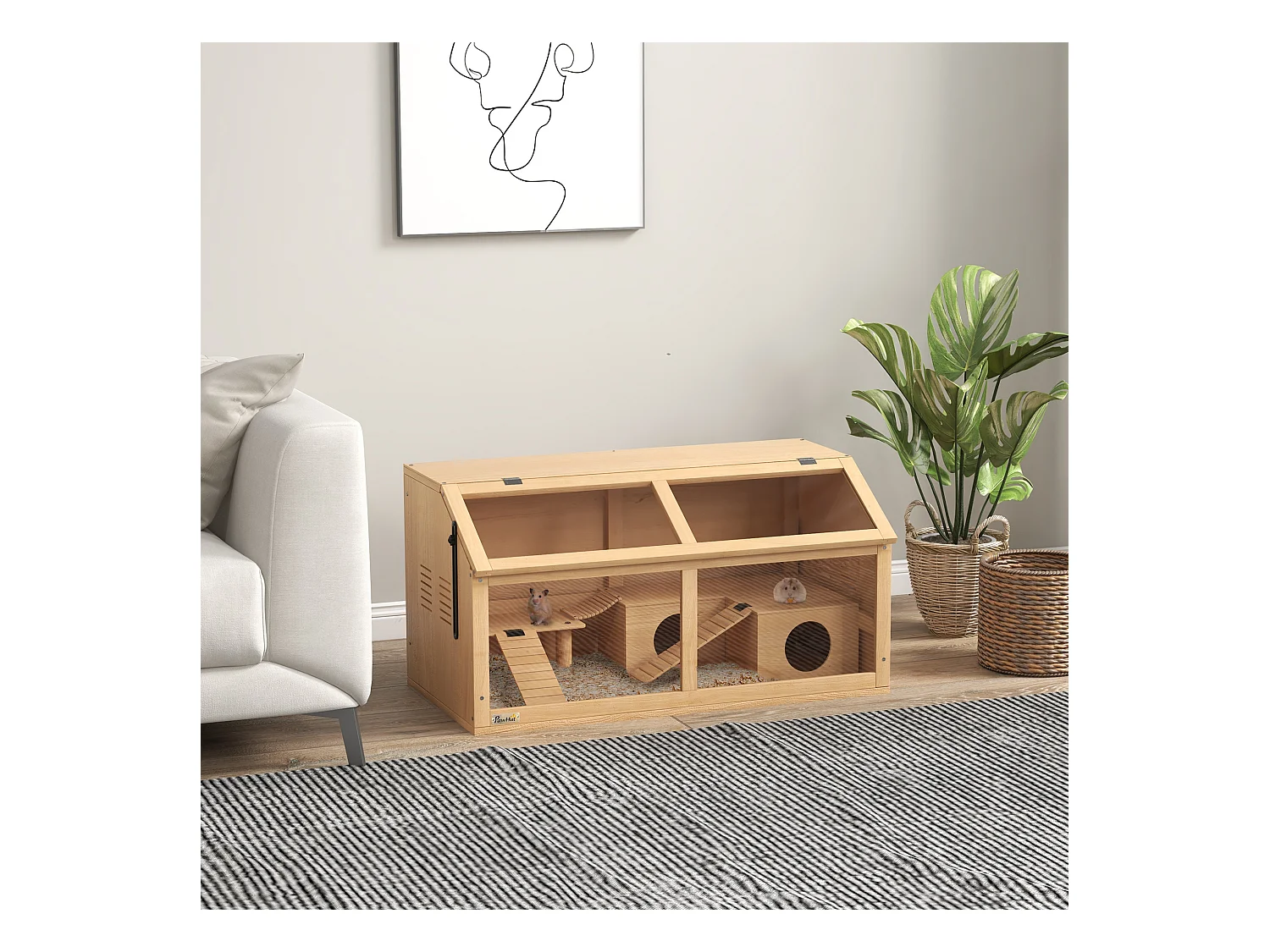 Gabbia per criceti apribile in legno di abete con scalette e casetta