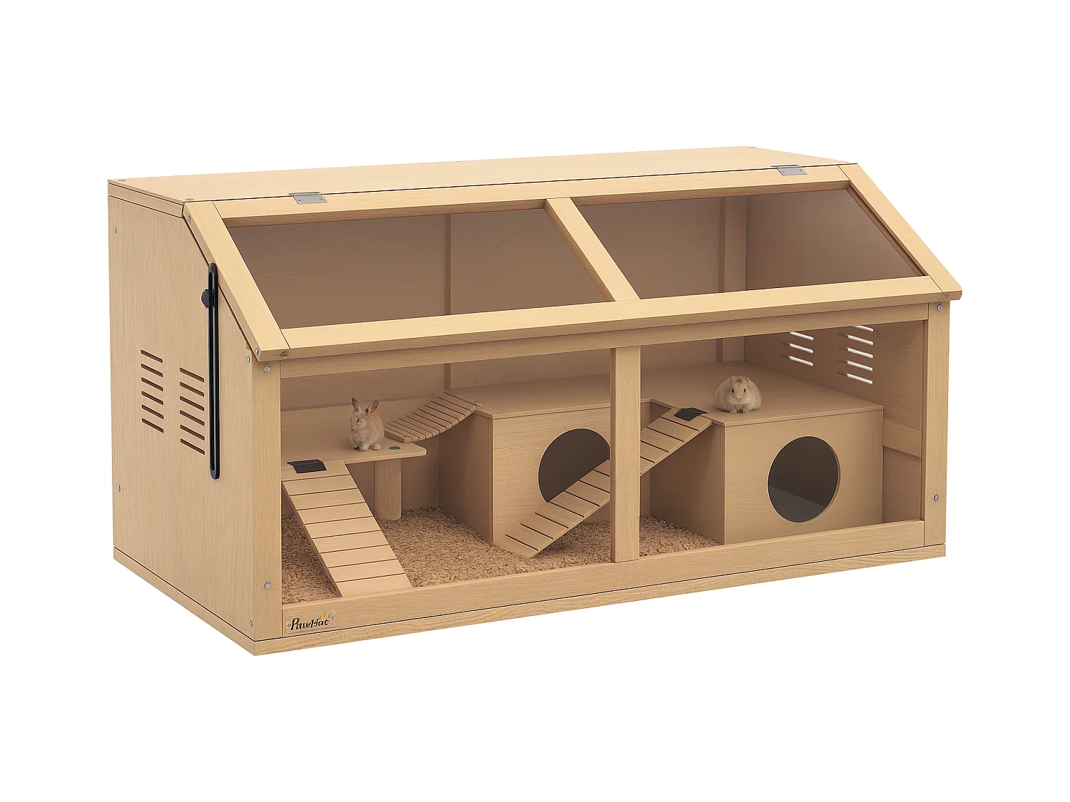 Gabbia per criceti apribile in legno di abete con scalette e casetta