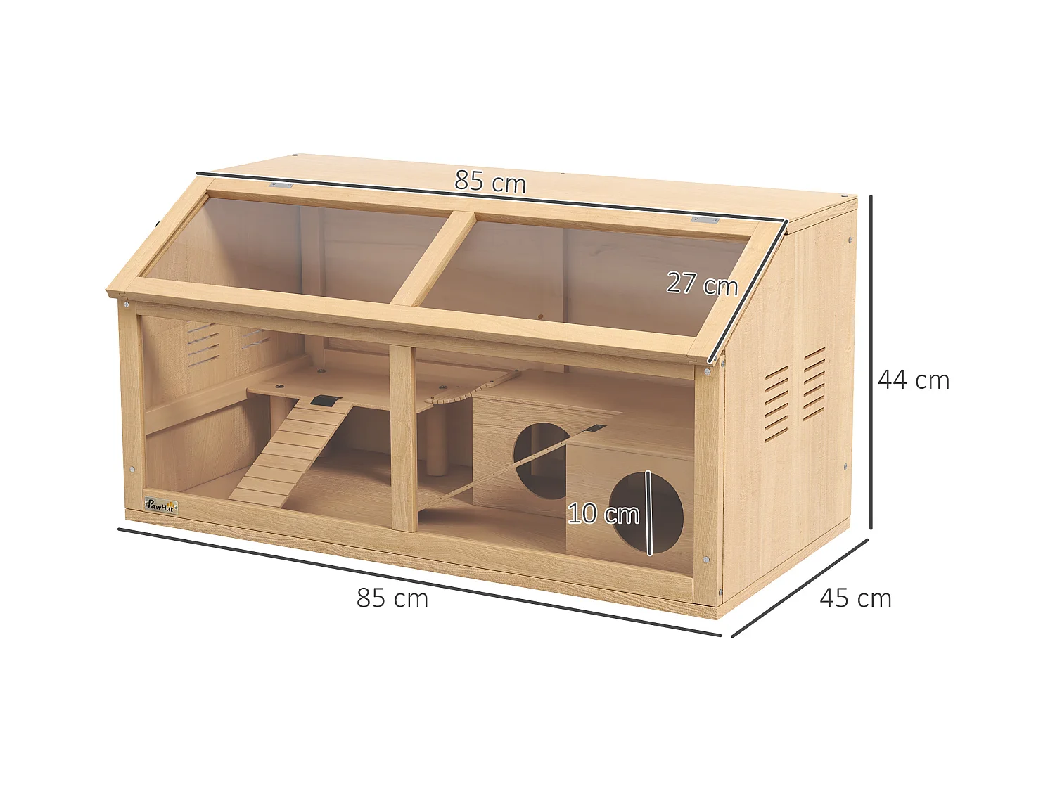 Gabbia per criceti apribile in legno di abete con scalette e casetta