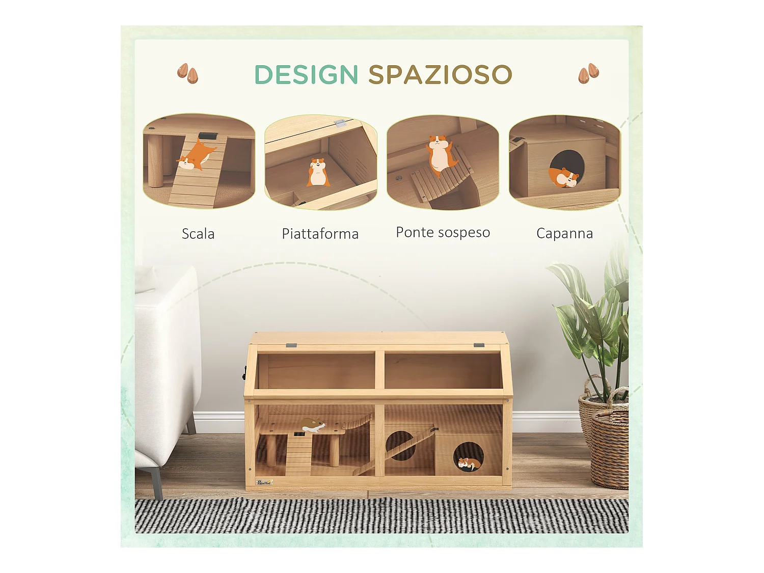 Gabbia per criceti apribile in legno di abete con scalette e casetta