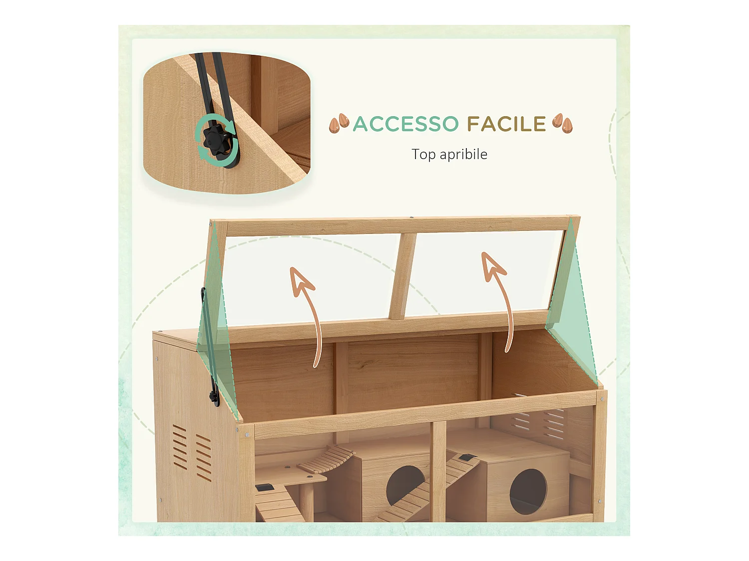 Gabbia per criceti apribile in legno di abete con scalette e casetta