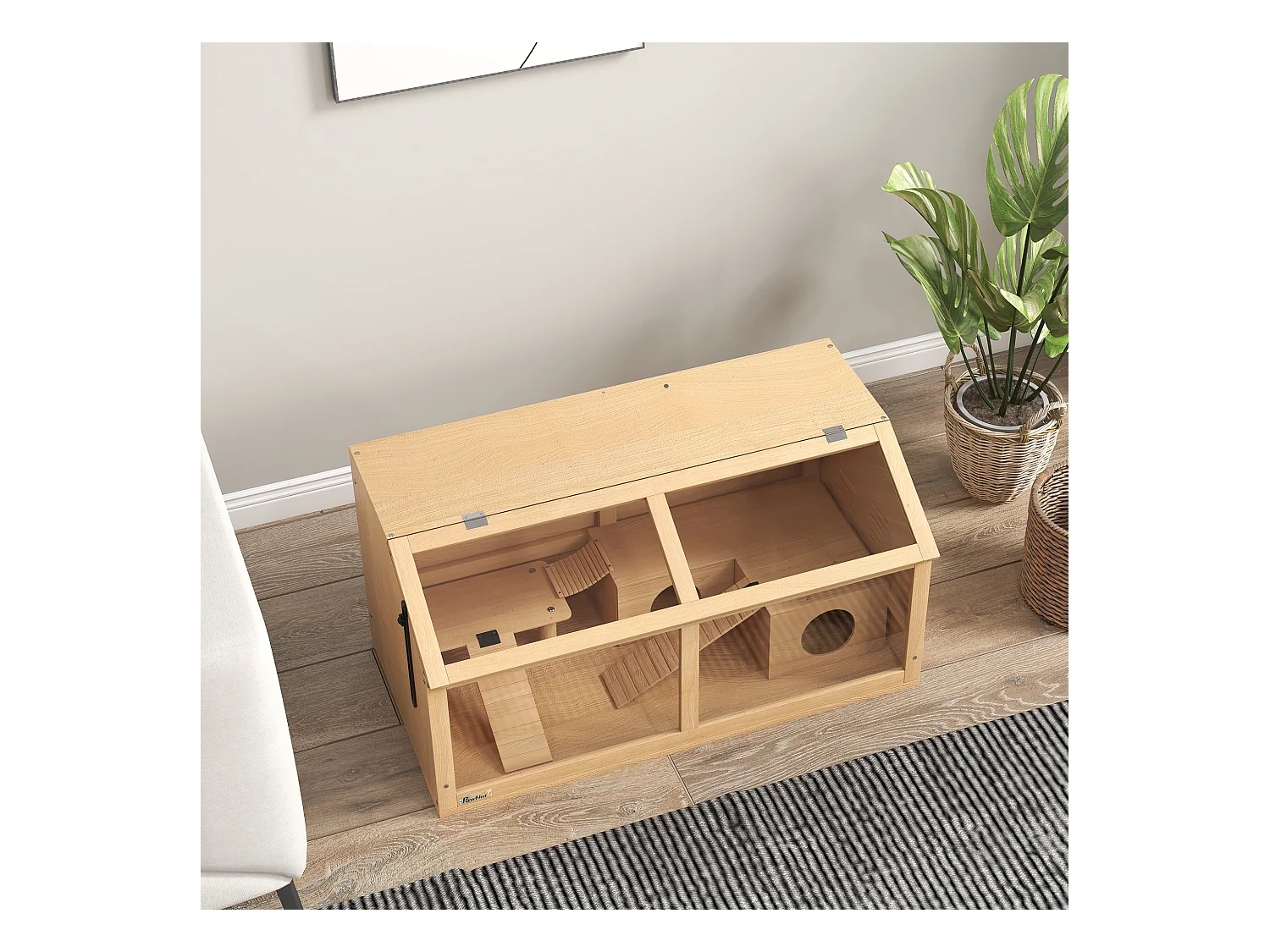 Gabbia per criceti apribile in legno di abete con scalette e casetta