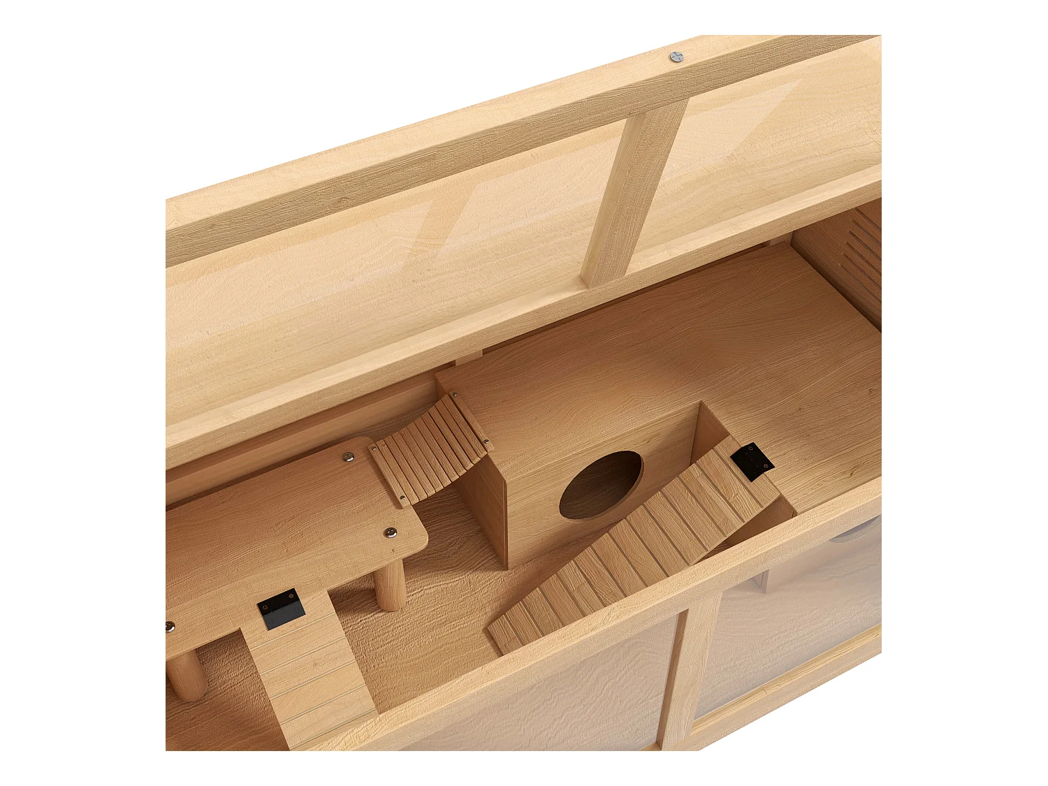 Gabbia per criceti apribile in legno di abete con scalette e casetta