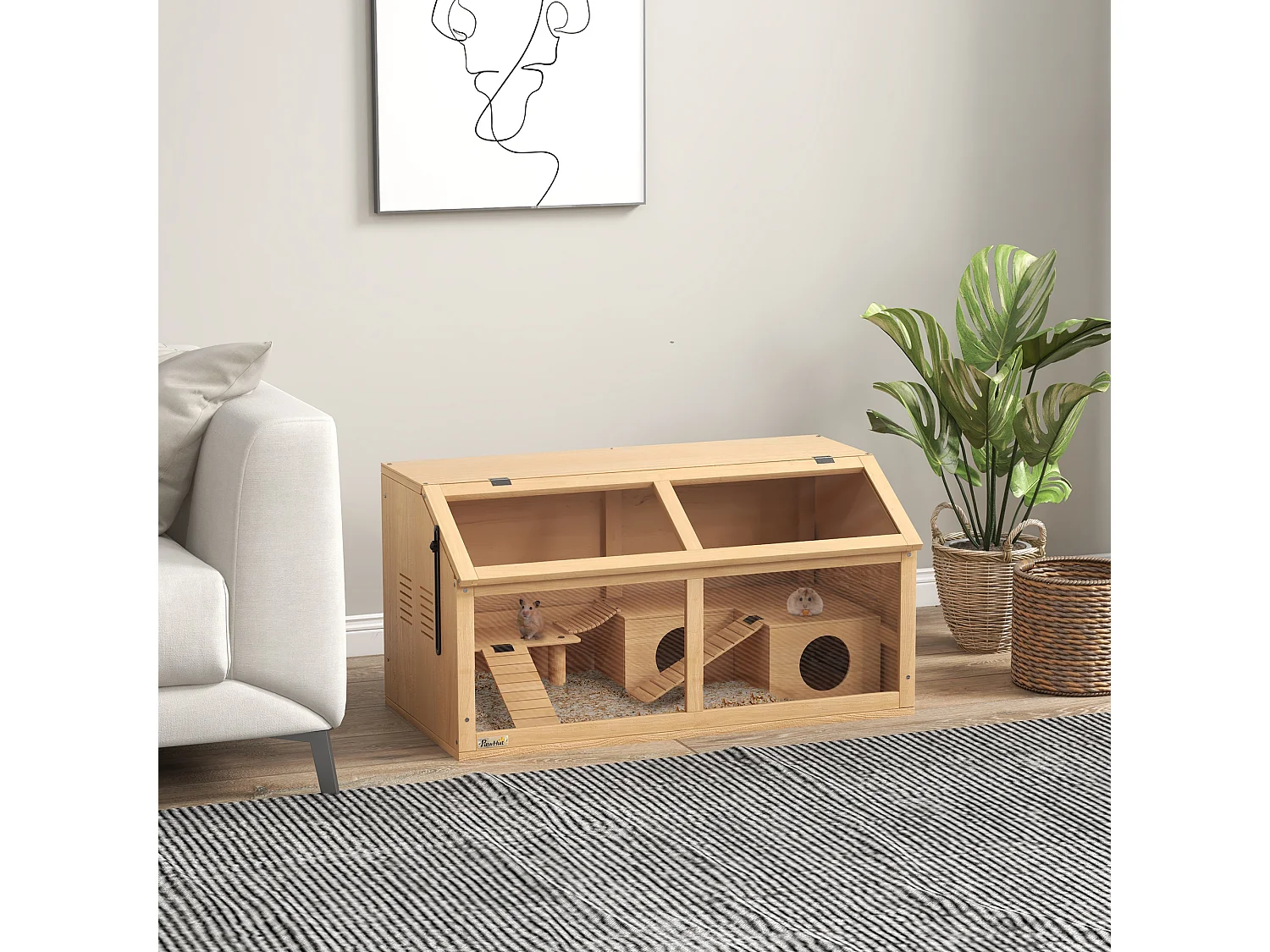 Gabbia per criceti apribile in legno di abete con scalette e casetta