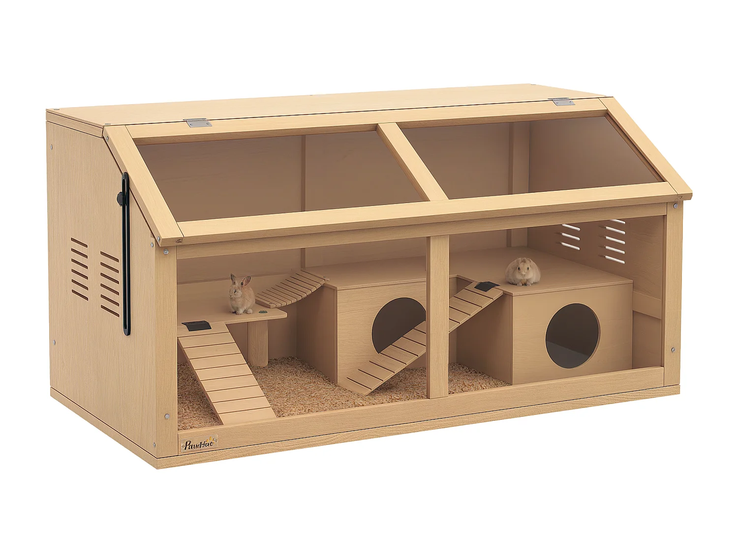 Gabbia per criceti apribile in legno di abete con scalette e casetta