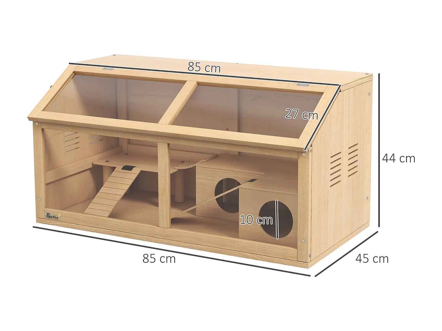Gabbia per criceti apribile in legno di abete con scalette e casetta