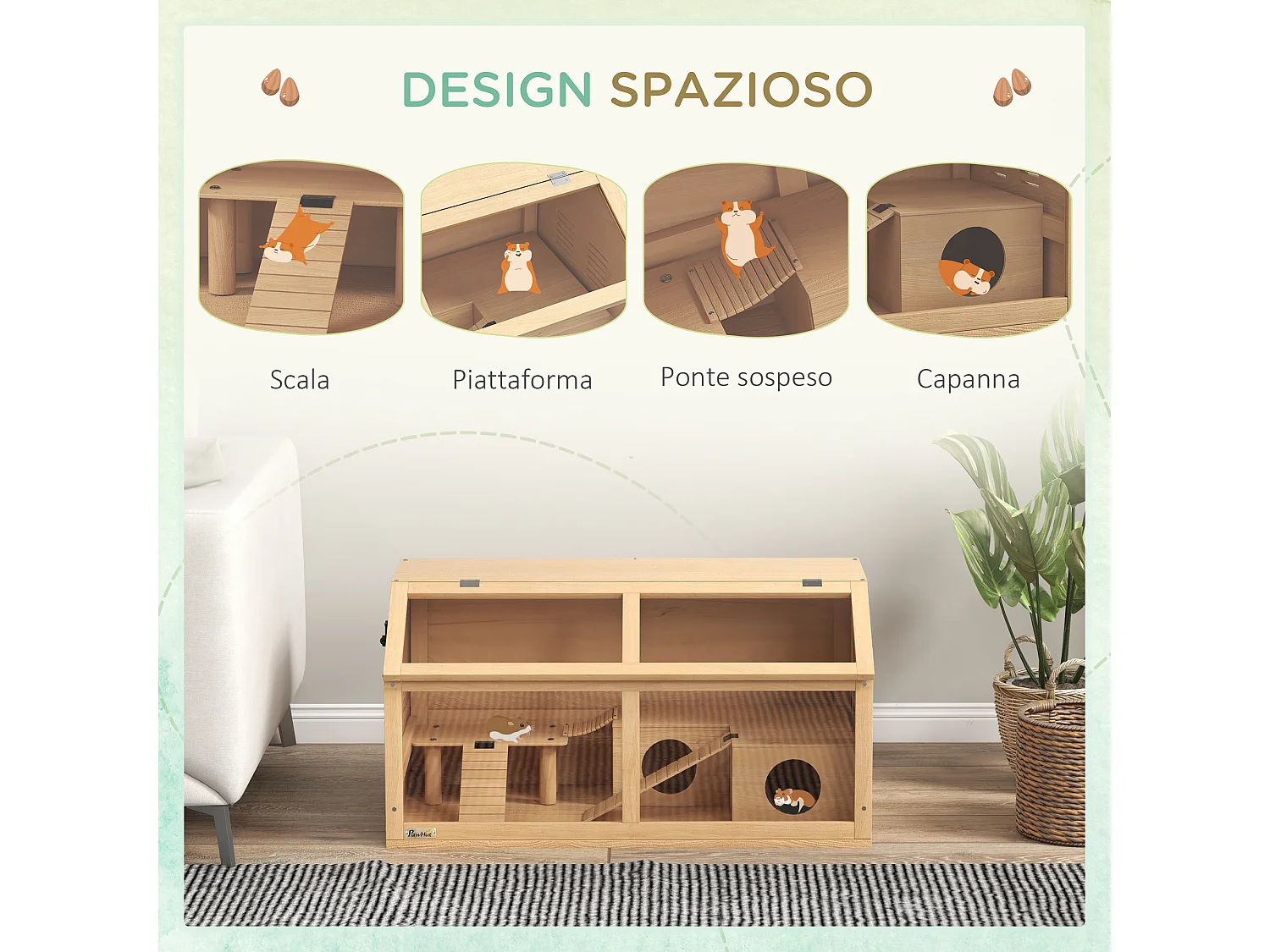 Gabbia per criceti apribile in legno di abete con scalette e casetta