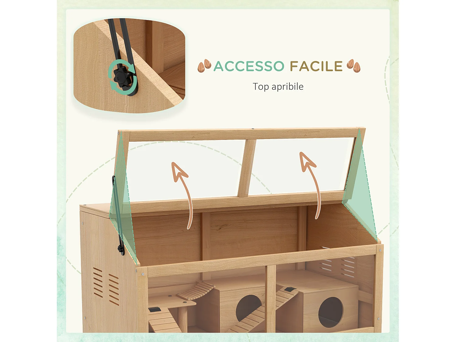 Gabbia per criceti apribile in legno di abete con scalette e casetta