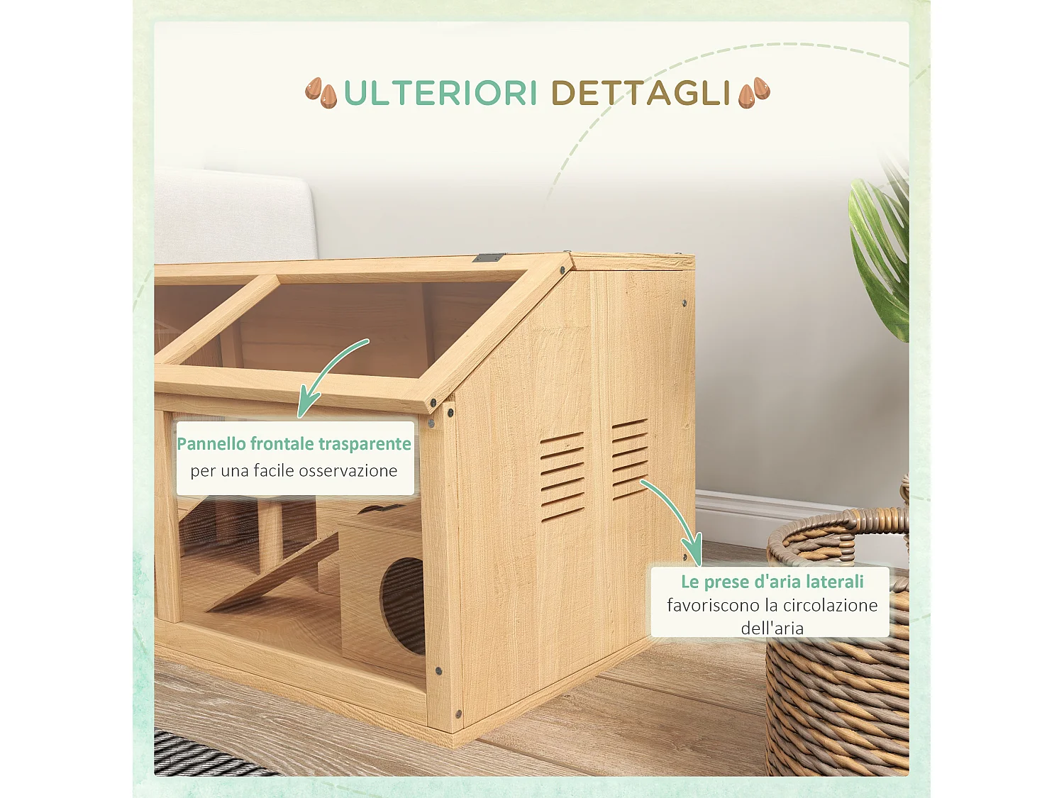 Gabbia per criceti apribile in legno di abete con scalette e casetta