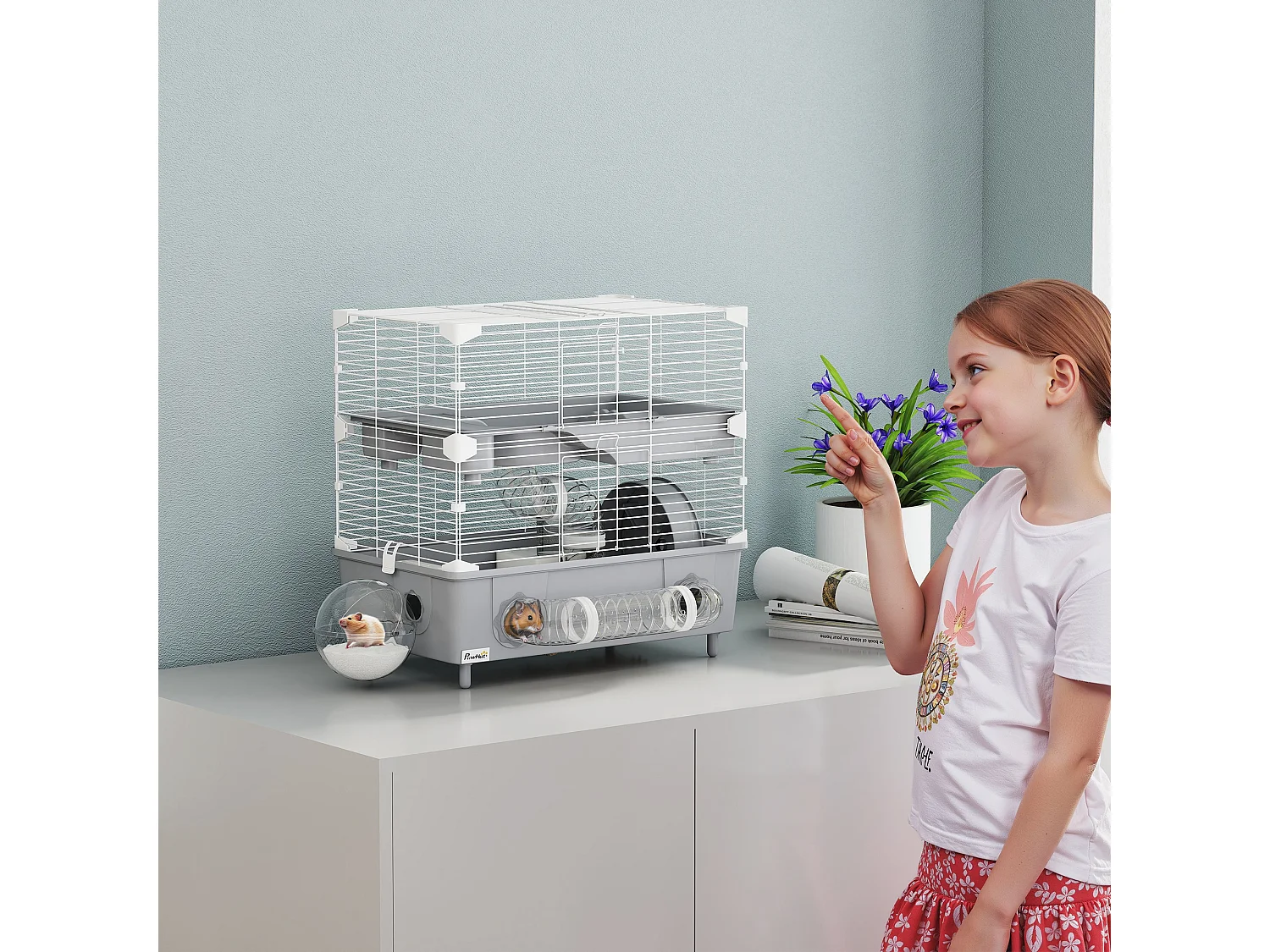 Gabbia per criceti a 2 livelli e 3 porte con ruota e tubi grigio e bianco