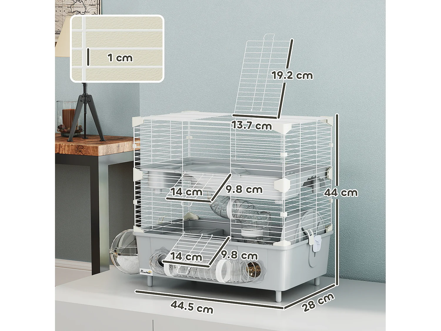 Gabbia per criceti a 2 livelli e 3 porte con ruota e tubi grigio e bianco