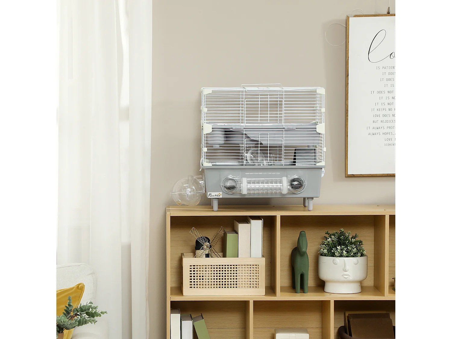 Gabbia per criceti a 2 livelli e 3 porte con ruota e tubi grigio e bianco