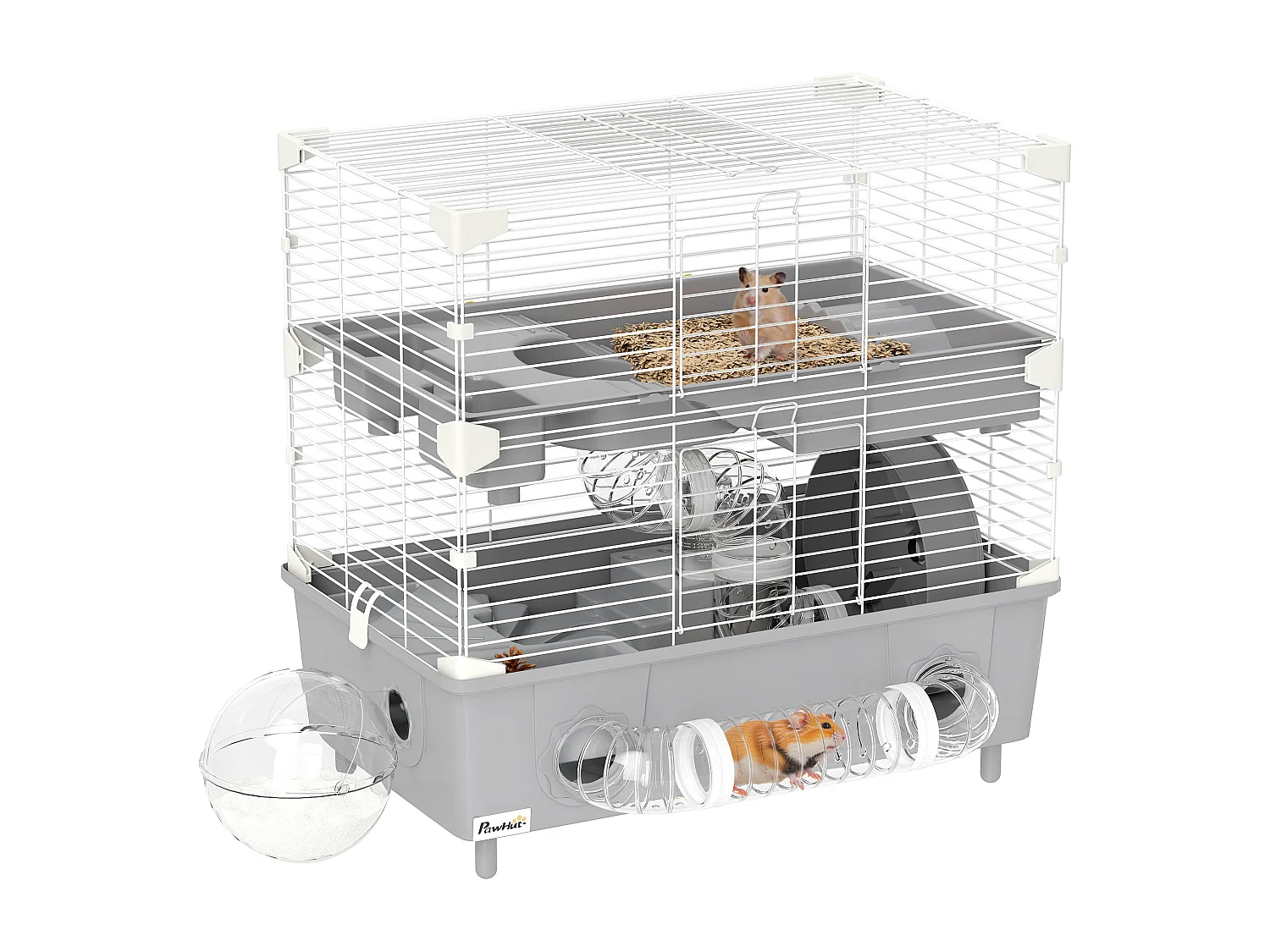 Gabbia per criceti a 2 livelli e 3 porte con ruota e tubi grigio e bianco