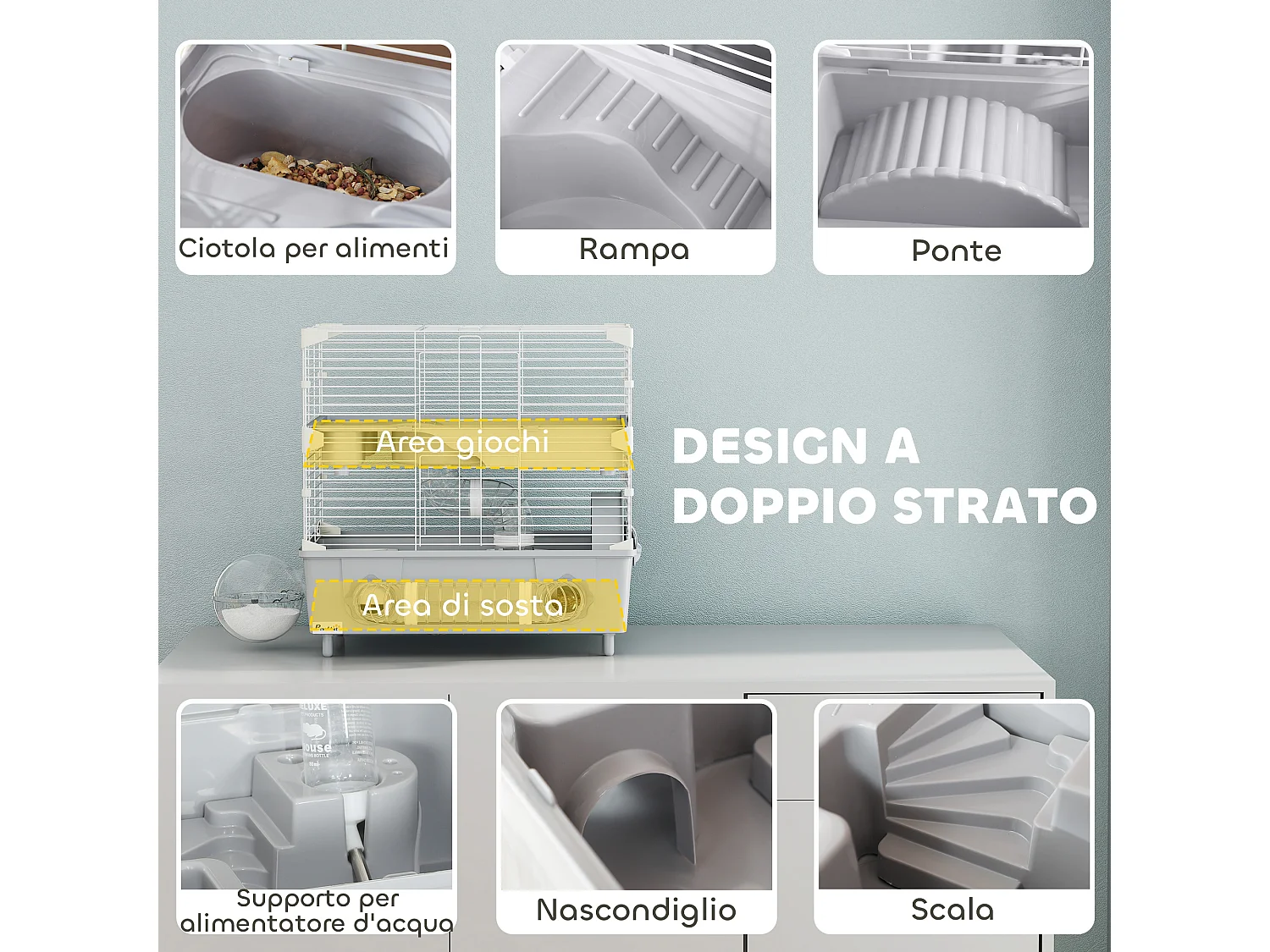 Gabbia per criceti a 2 livelli e 3 porte con ruota e tubi grigio e bianco