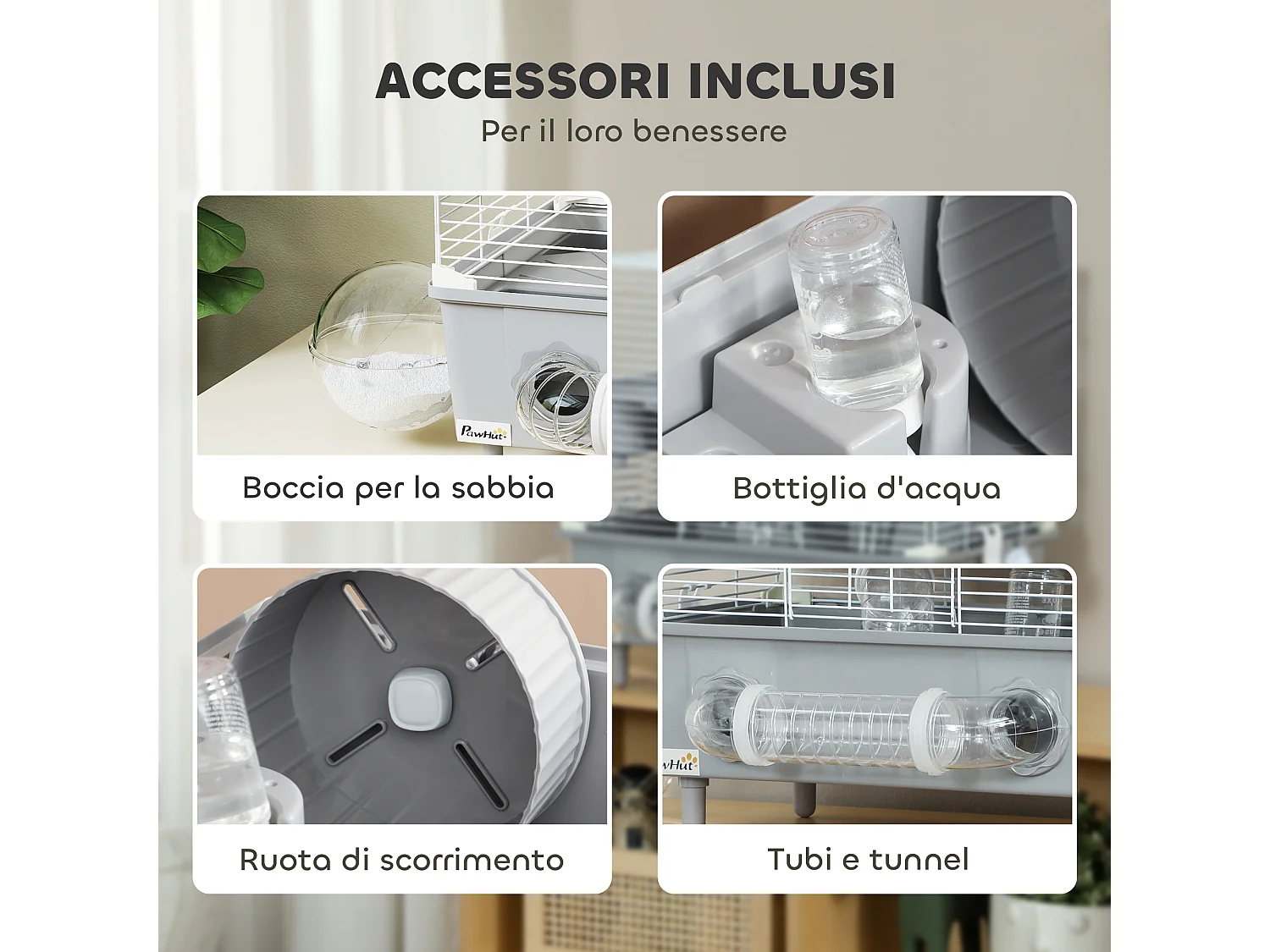 Gabbia per criceti a 2 livelli e 3 porte con ruota e tubi grigio e bianco