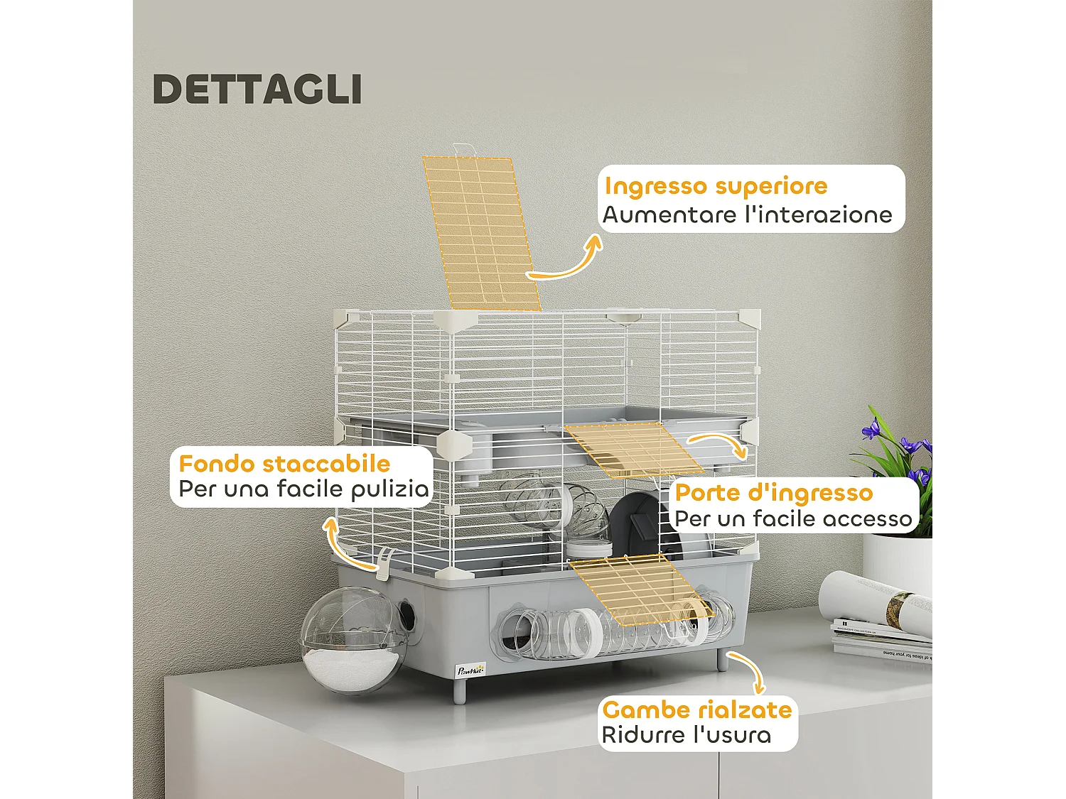 Gabbia per criceti a 2 livelli e 3 porte con ruota e tubi grigio e bianco