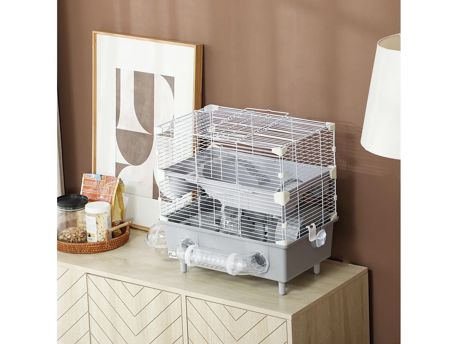 Gabbia per criceti a 2 livelli e 3 porte con ruota e tubi grigio e bianco