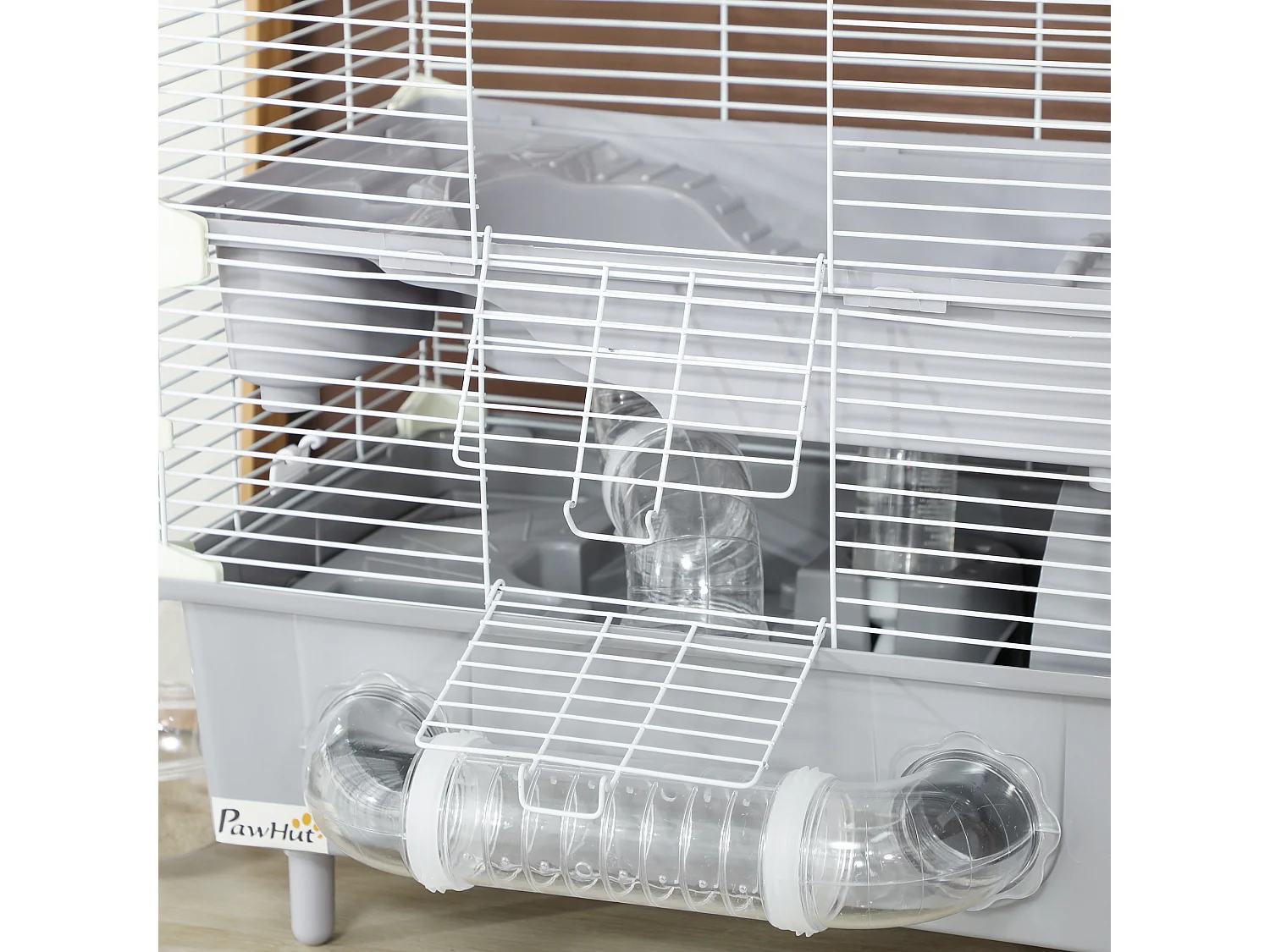 Gabbia per criceti a 2 livelli e 3 porte con ruota e tubi grigio e bianco