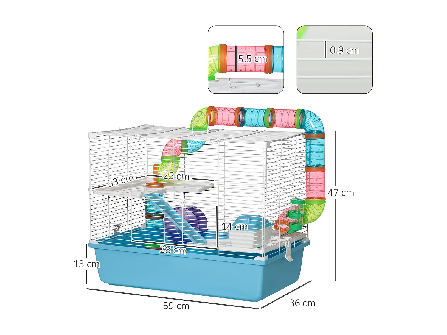 Gabbia per criceti 3 livelli con tubi casetta e ruota azzurra e bianca