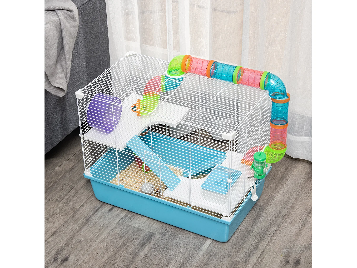 Gabbia per criceti 3 livelli con tubi casetta e ruota azzurra e bianca