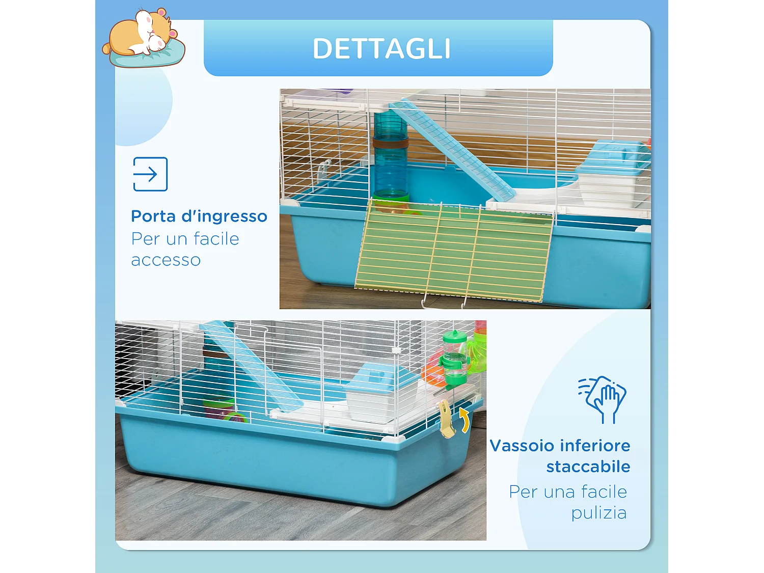 Gabbia per criceti 3 livelli con tubi casetta e ruota azzurra e bianca