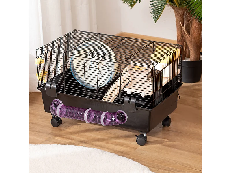 Gabbietta per criceti con casetta tunnel ruota e base con 4 rotelle