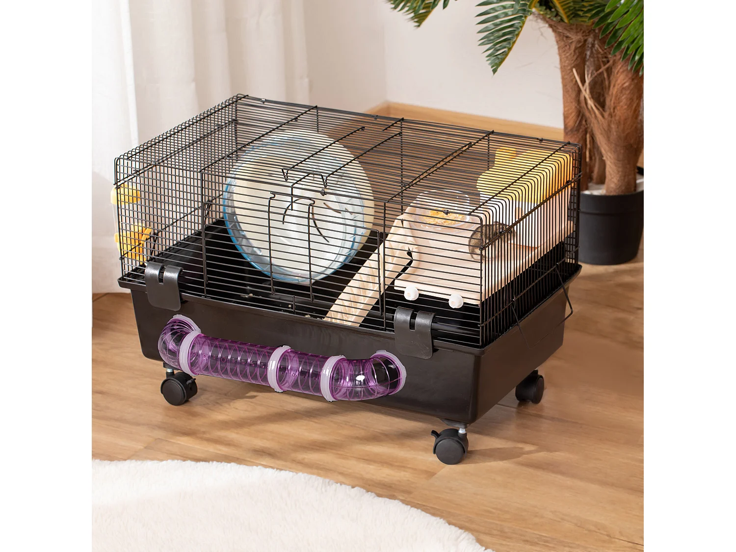 Gabbietta per criceti con casetta tunnel ruota e base con 4 rotelle