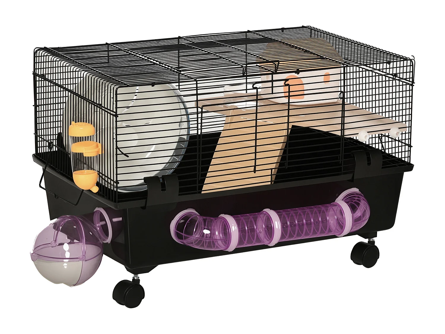 Gabbietta per criceti con casetta tunnel ruota e base con 4 rotelle