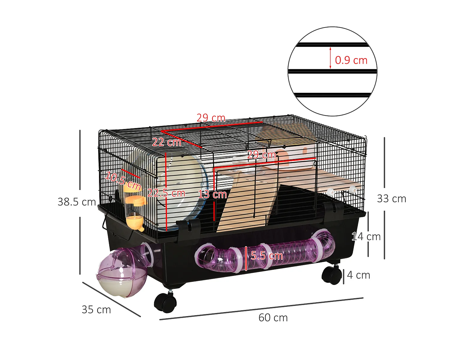Gabbietta per criceti con casetta tunnel ruota e base con 4 rotelle