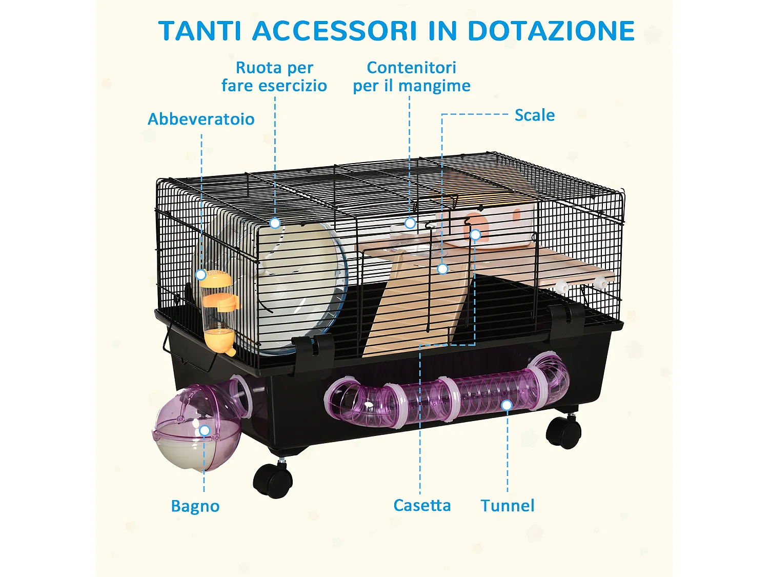 Gabbietta per criceti con casetta tunnel ruota e base con 4 rotelle