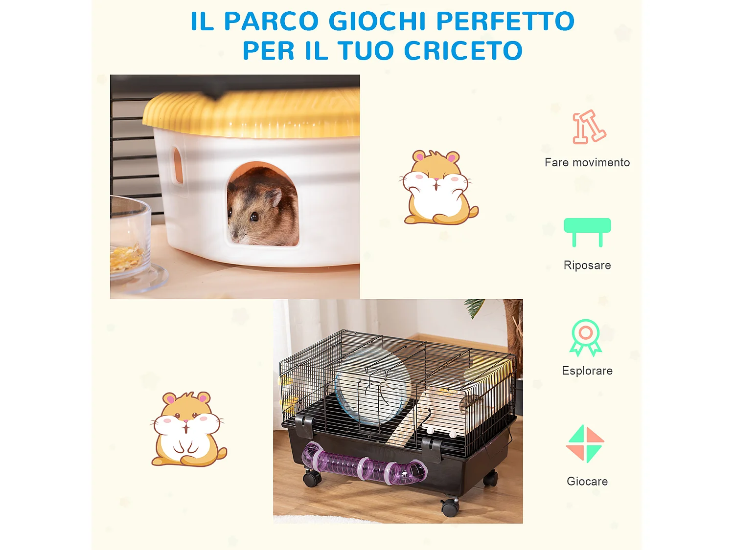 Gabbietta per criceti con casetta tunnel ruota e base con 4 rotelle