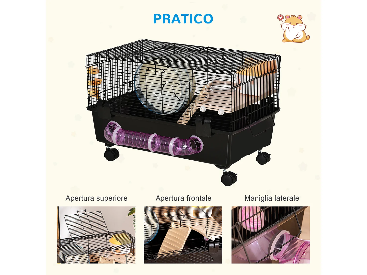 Gabbietta per criceti con casetta tunnel ruota e base con 4 rotelle