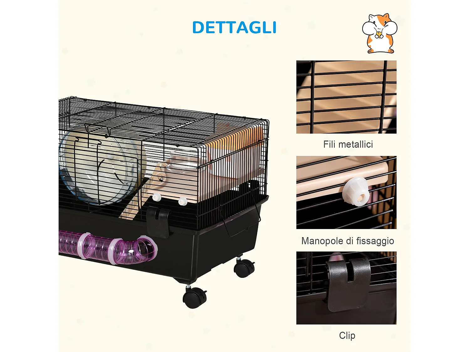 Gabbietta per criceti con casetta tunnel ruota e base con 4 rotelle