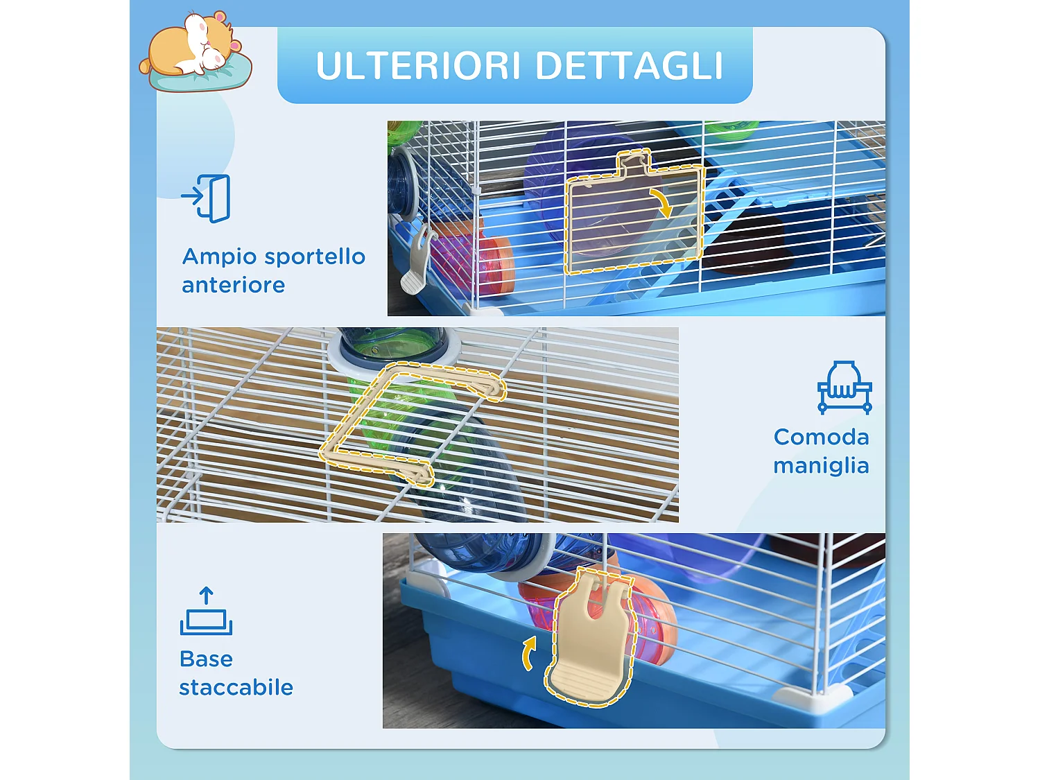 Gabbia per criceti a 2 livelli con vassoio tunnel e ruota blu e bianca