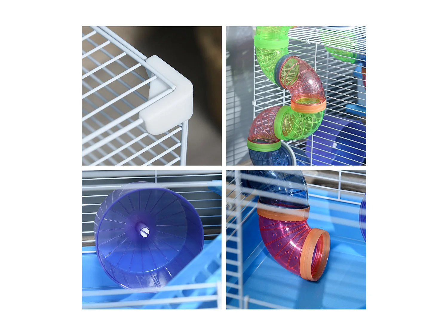 Gabbia per criceti a 2 livelli con vassoio tunnel e ruota blu e bianca