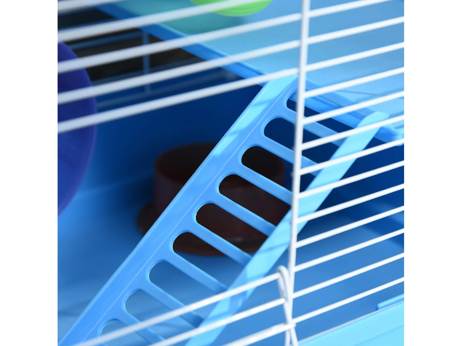 Gabbia per criceti a 2 livelli con vassoio tunnel e ruota blu e bianca