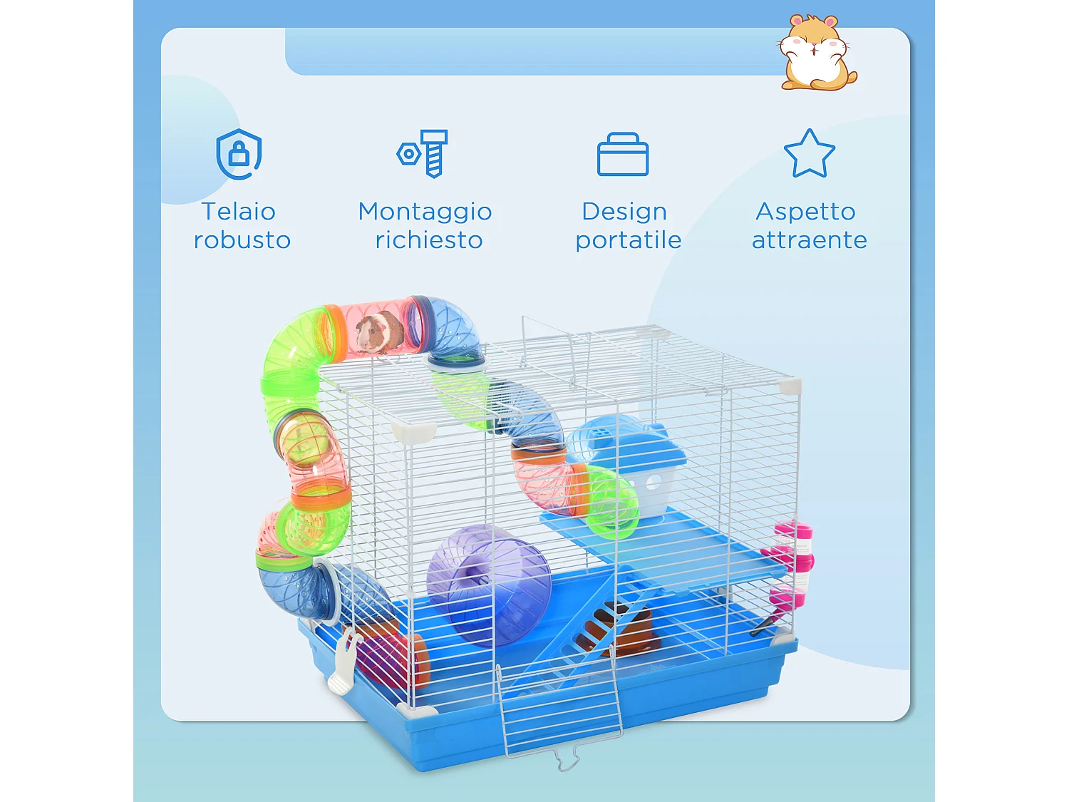 Gabbia per criceti a 2 livelli con vassoio tunnel e ruota blu e bianca