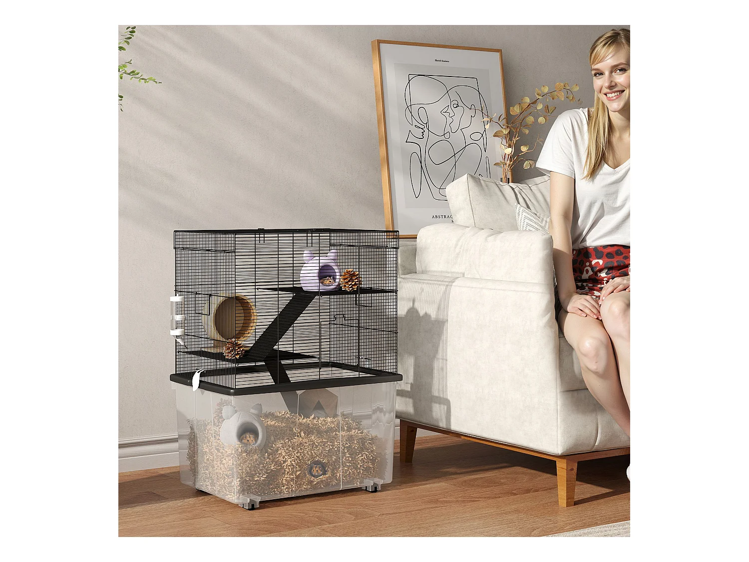 Gabbia per criceti 3 piani con ruote, rampe e bottiglia 58x43x74 cm nero