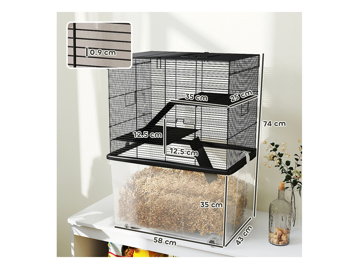 Gabbia per criceti 3 piani con ruote, rampe e bottiglia 58x43x74 cm nero