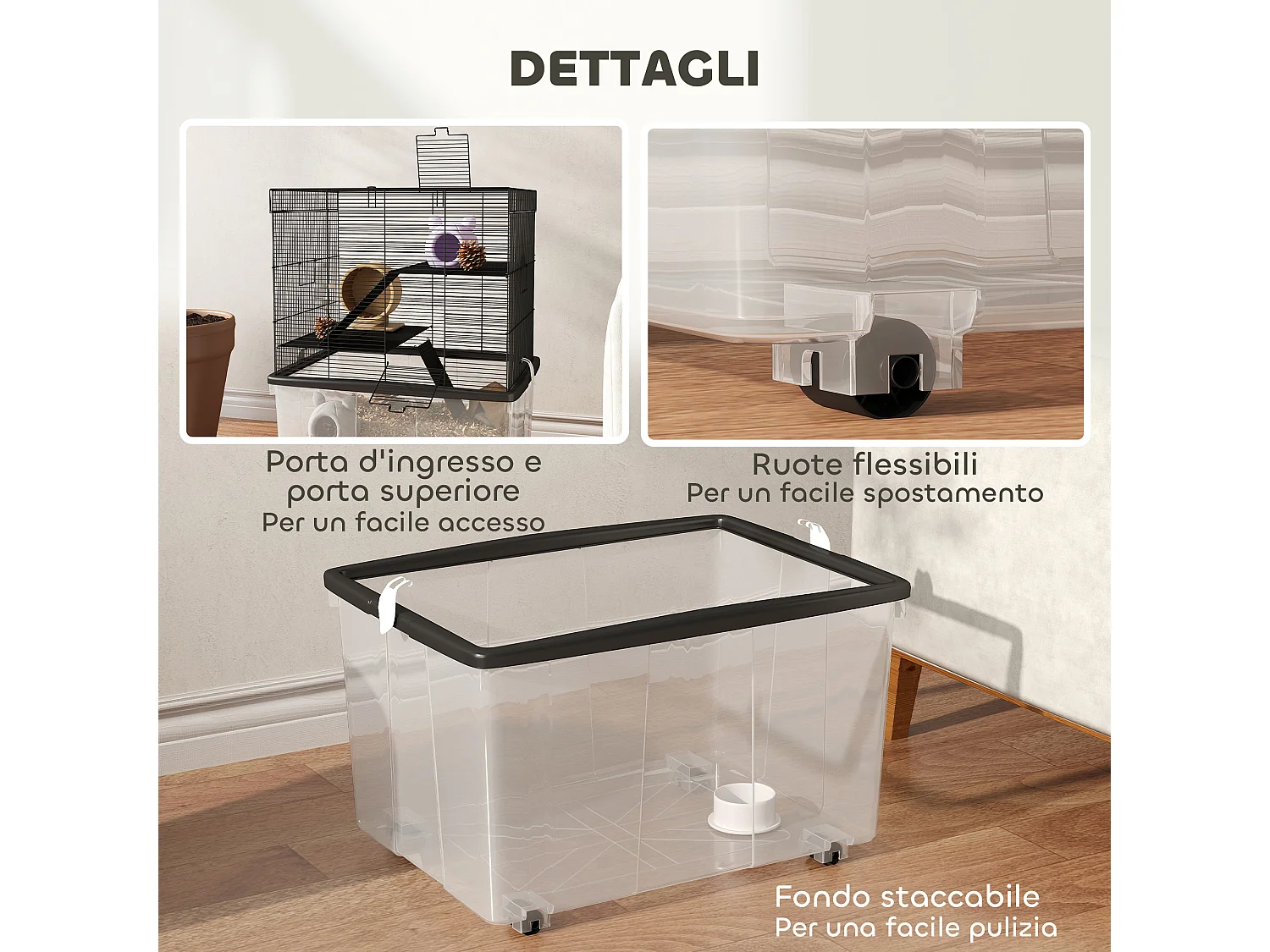 Gabbia per criceti 3 piani con ruote, rampe e bottiglia 58x43x74 cm nero