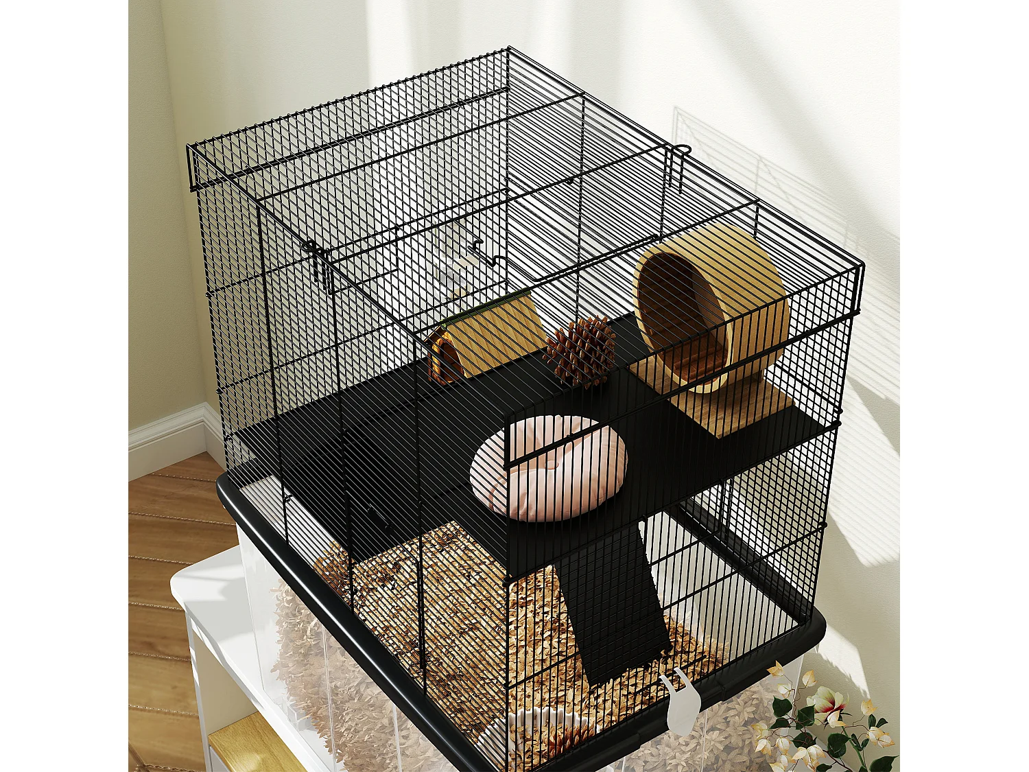 Gabbia per criceti 3 piani con ruote, rampe e bottiglia 58x43x74 cm nero