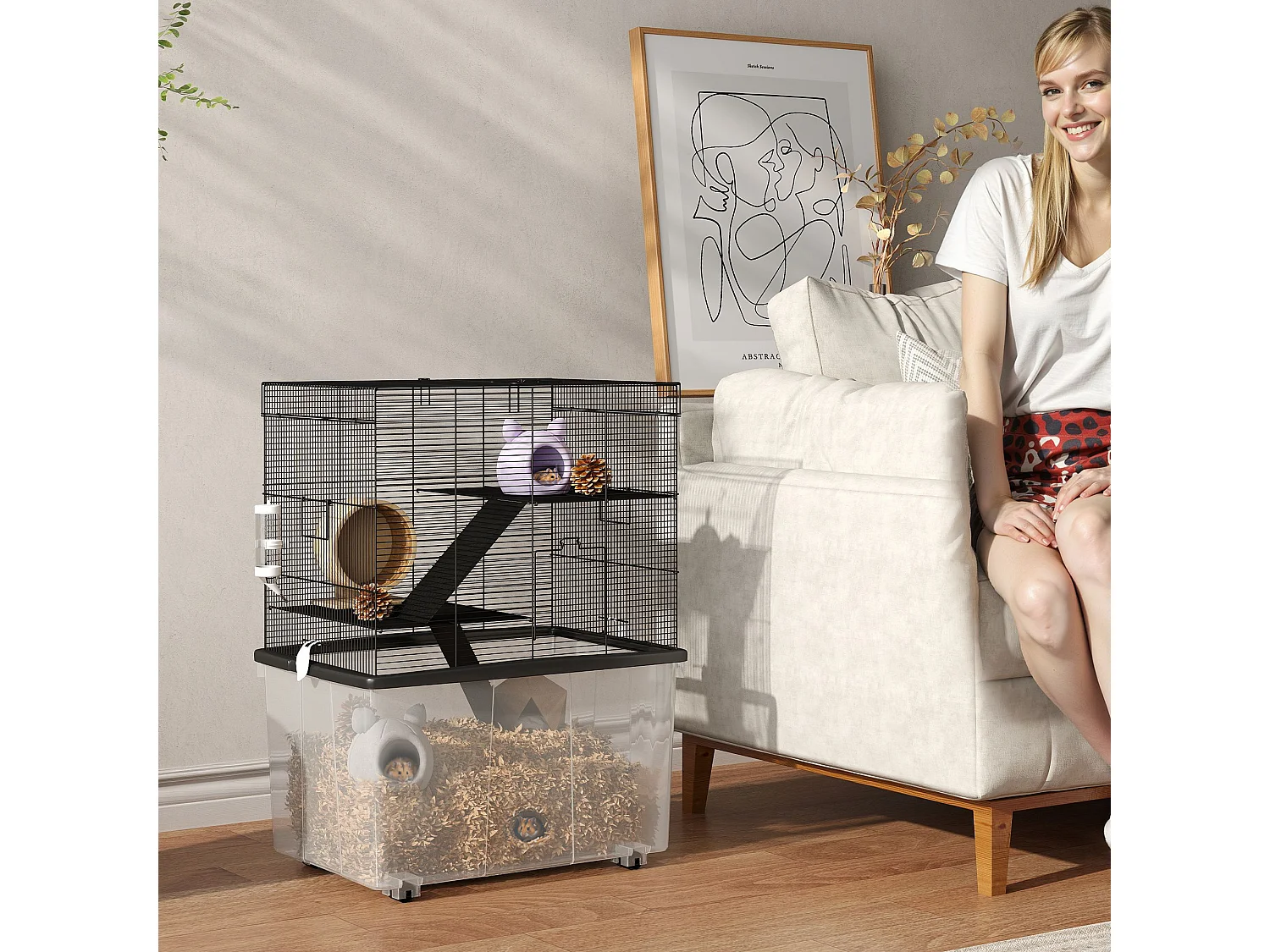 Gabbia per criceti 3 piani con ruote, rampe e bottiglia 58x43x74 cm nero